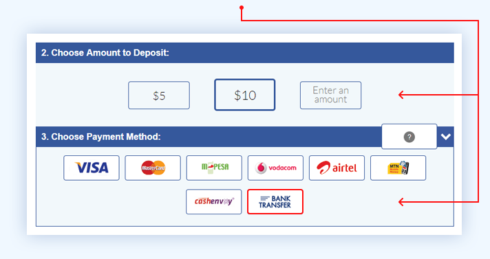 Enter amount to deposit then pick “Bank Transfer” option